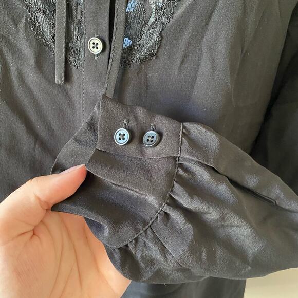 REBECCA TAYLOR Blouse Silk Lace Button Up Tie Black 0 - Picture 7 of 9